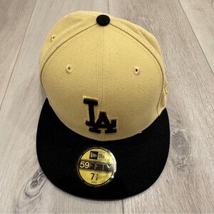 New Era LA Dodgers 22 All-Star Fitted Hat Baseball Cap Sz 7 1/8 Beige Gold